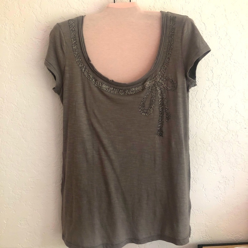 Beaded Scoop Neck Women's Top - Olive